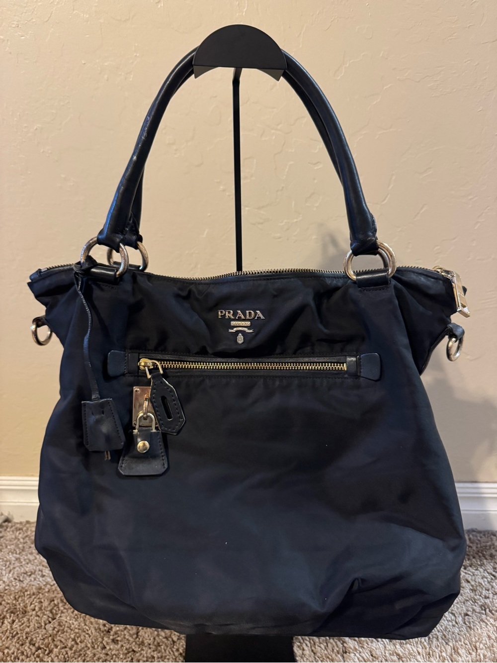 Prada Navy Blue Nylon Tote with Front Zip